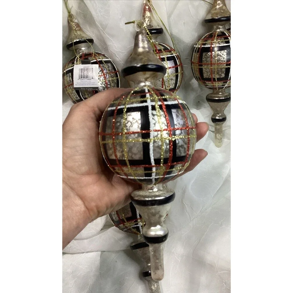 Mercury Glass Finial Christmas Plaid Ornaments X5 Black, Red, Gold & Silver 9